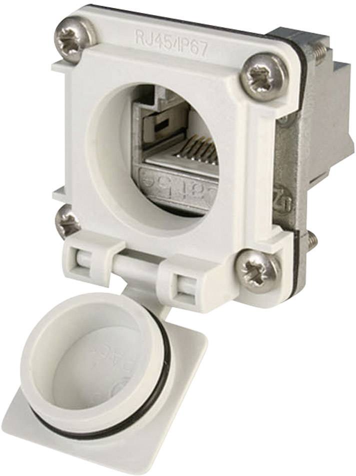 Un connecteur RJ45/IP67 avec couvercle rabattable ouvert, adapté aux applications industrielles, offre une protection contre la poussière et l'eau.