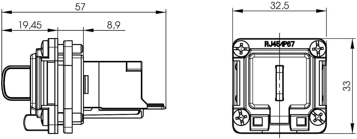 Dessin technique d'un composant carré avec dimensions. En haut : 57 mm de largeur, côtés : 32,5 mm de longueur. Désignation : 'RJ45/PG7'.