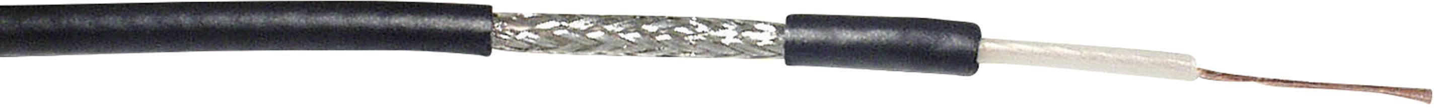 Un câble coaxial à gaine noire, avec une couche de blindage et un fil de cuivre central.