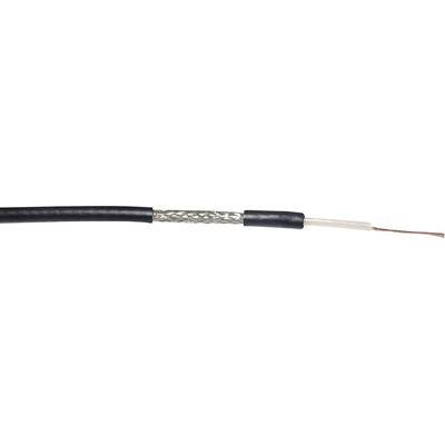 Un câble coaxial à gaine noire, avec une couche de blindage et un fil de cuivre central.
