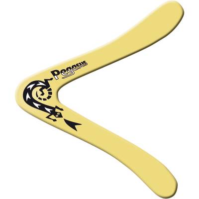 Bumerang jaune avec le logo noir 'Pegasus' et un design de cheval stylisé sur l'un de ses bras.