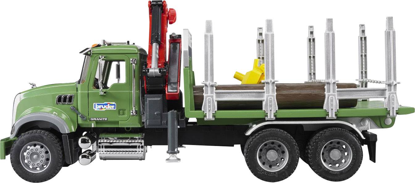 Un camion vert équipé d'une grue et doté d'une longue surface de chargement transporte de grandes grumes de bois, maintenues en place par des barres latérales de sécurité.