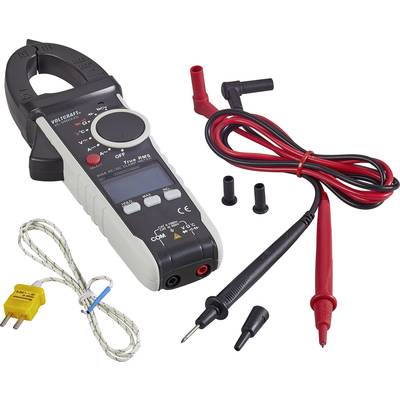 Appareil de mesure numérique de courant avec pinces, câbles de mesure et un capteur de température, adapté aux diagnostics électriques et aux mesures.