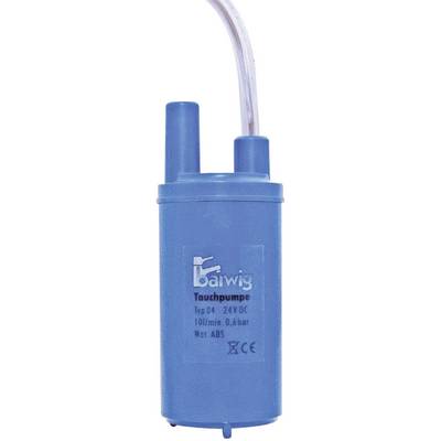 Pompe de puisage bleue avec inscription 'Pompe de puisage Type 04, 24V CC, 30l/min 0,6 bar, Mat. ABS'. Deux raccordements en haut, marquage CE.