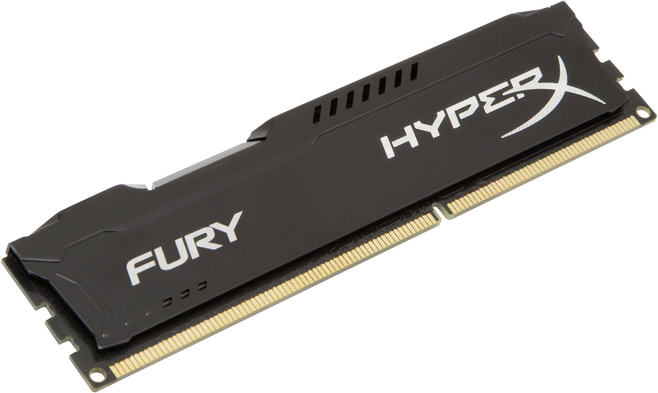 Un barreau de RAM noir portant les inscriptions 'FURY' et 'HYPERX', reconnaissable à ses contacts de connexion dorés en bas.