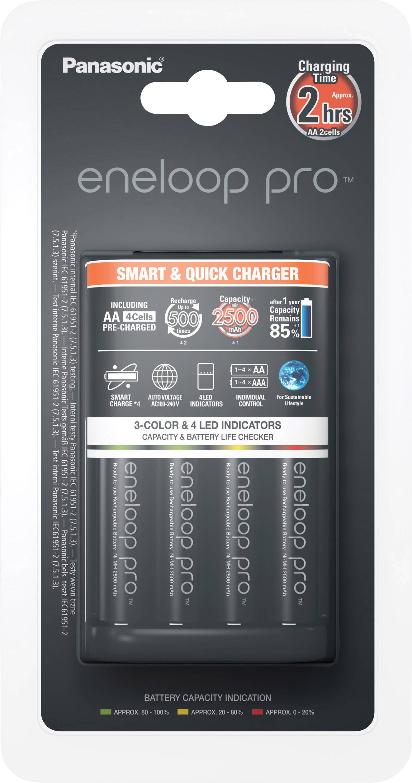 Emballage d'un chargeur Panasonic eneloop pro avec quatre piles AA et indicateurs LED. Temps de charge : environ 2 heures.
