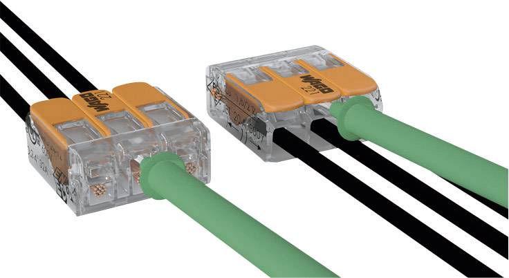 Deux bornes électriques connectent plusieurs fils noirs et verts entre eux.