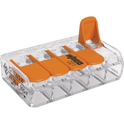 Barrette de connexion Wago à 5 pôles avec leviers orange pour des connexions électriques sécurisées. Adaptée pour les câbles de 0,5-2,5 mm², max. 400 V.