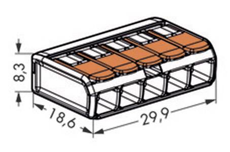 Figure d'un élément de connexion avec cinq leviers orange. Dimensions : 8,3 mm de hauteur, 18,6 mm de largeur, 29,9 mm de longueur.