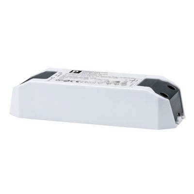 Alimentation pour luminaires LED, rectangulaire, boîtier blanc, avec spécifications techniques imprimées, destinée à l'alimentation électrique.