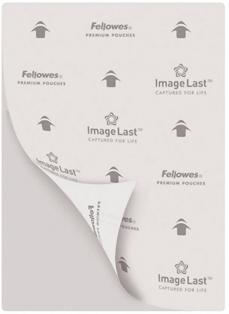 Une feuille de film de laminage avec des logos et des textes des marques 'Fellowes' et 'Image Last', partiellement déroulée sur une surface lisse.