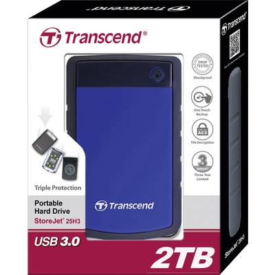 Disque dur externe Transcend StoreJet 25H3 de 2 To, USB 3.0, antichoc, chiffré, triple protection.