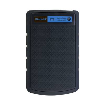 Disque dur externe 'StoreJet' avec boîtier noir et étiquette bleue sur le dessus. Capacité : 2 To. Numéro de modèle : 123456 0001.
