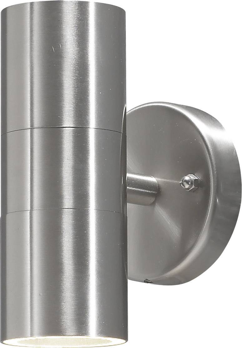 Un applique murale moderne en métal brossé au design cylindrique, fixée sur un support circulaire.