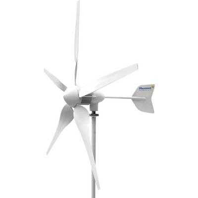 Roue de turbine blanche à cinq pales, actionnée par le vent, fixée sur un mât, avec un arrière-plan neutre.