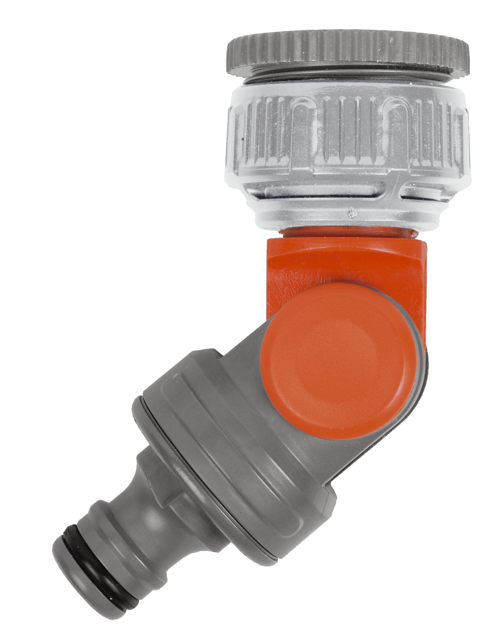 Un connecteur de tuyau angulaire gris et orange avec un dessus rotatif, adapté aux tuyaux d'arrosage et aux systèmes d'irrigation.