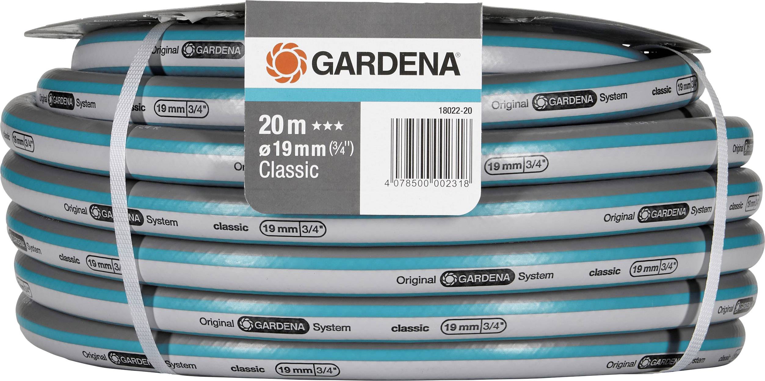 Tuyau d'arrosage 'GARDENA Classic', 20 mètres, diamètre 19 mm (3/4 pouce), avec système GARDENA original. L'emballage présente le logo et les dimensions.