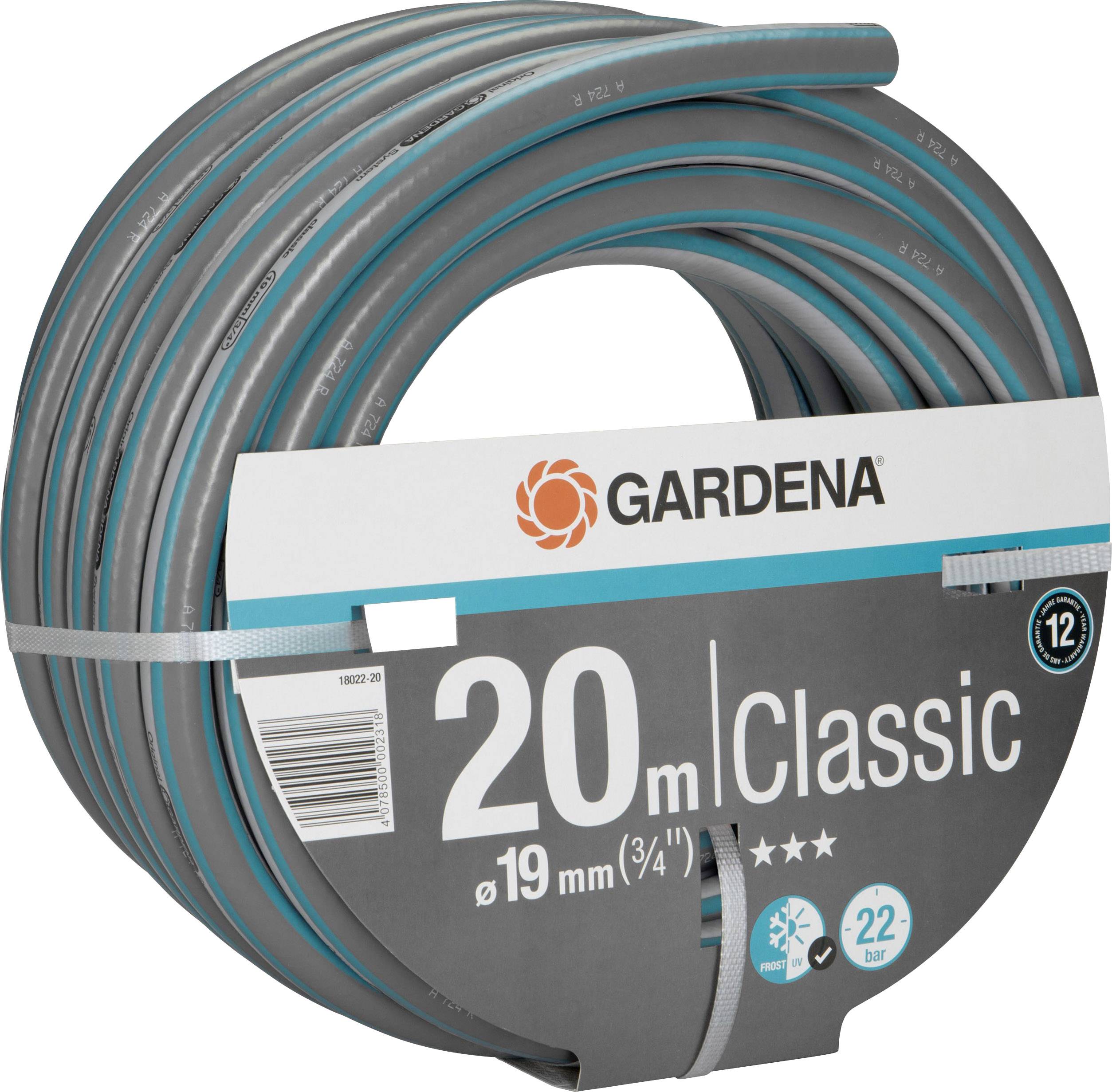 Tuyau d'arrosage 'GARDENA Classic' d'une longueur de 20 mètres et d'un diamètre de 19 mm. Résistant à une pression jusqu'à 22 bars.