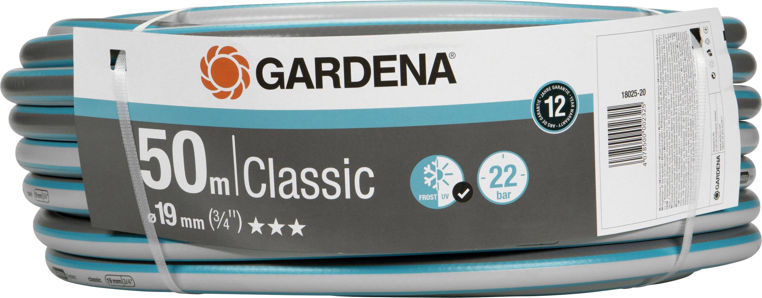 Tuyau d'arrosage GARDENA, 50 m de long, diamètre de 19 mm, garantie de 12 ans, adapté pour une pression de 22 bars, résistant au gel et aux UV.