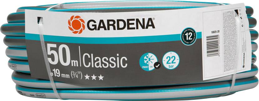 Tuyau d'arrosage de Gardena, 50 mètres de long, diamètre de 19 mm. Modèle Classic, pression maximale de 22 bars. Garantie de 12 ans.
