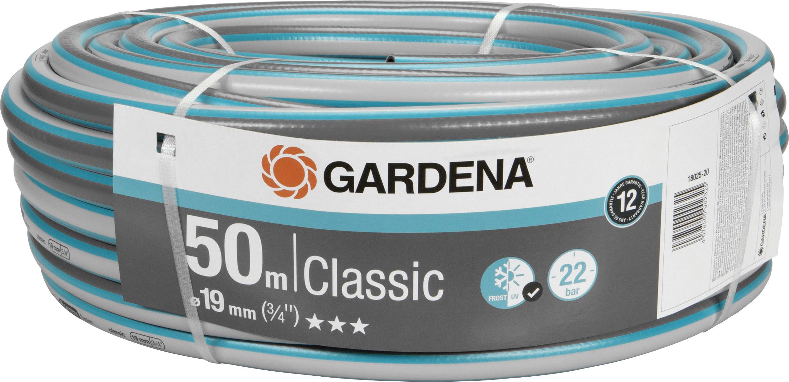 Tuyau d'arrosage Gardena, long de 50 mètres, diamètre de 19 mm, adapté pour une pression de 22 bars. Modèle : Classic avec 12 ans de garantie.