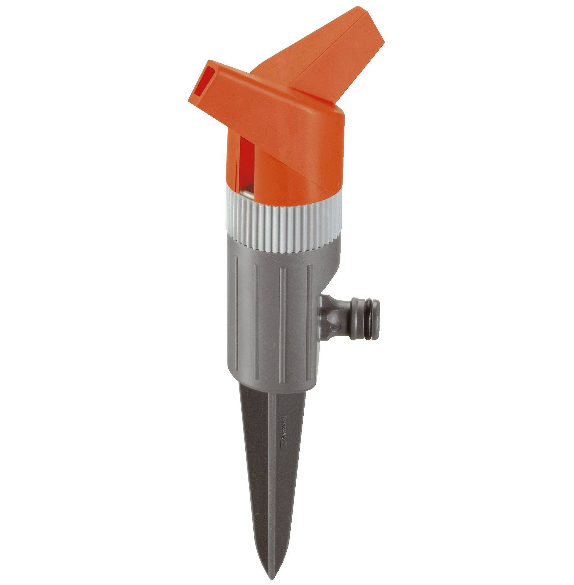 Arroseur d'irrigation à tête orange et tige grise, idéal pour l'arrosage de jardin et installation facile dans le sol.