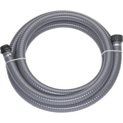 Tuyau flexible gris enroulé, muni de deux raccords noirs.