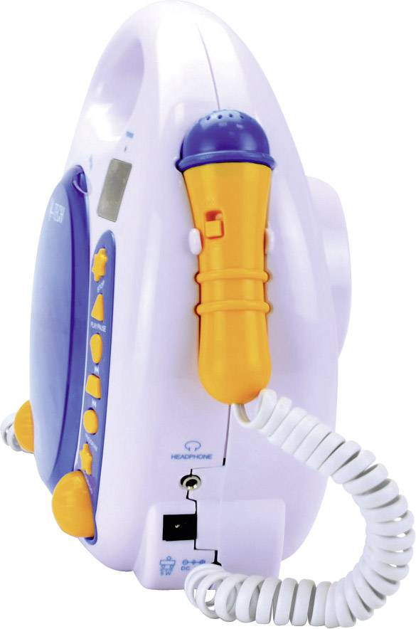 Un appareil portable de nettoyage par aspiration, blanc avec des éléments bleus et oranges, illustrant la fonction de charge et de connexion.