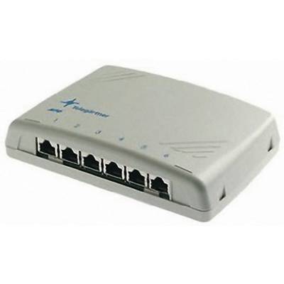 Un commutateur réseau gris avec six ports Ethernet.