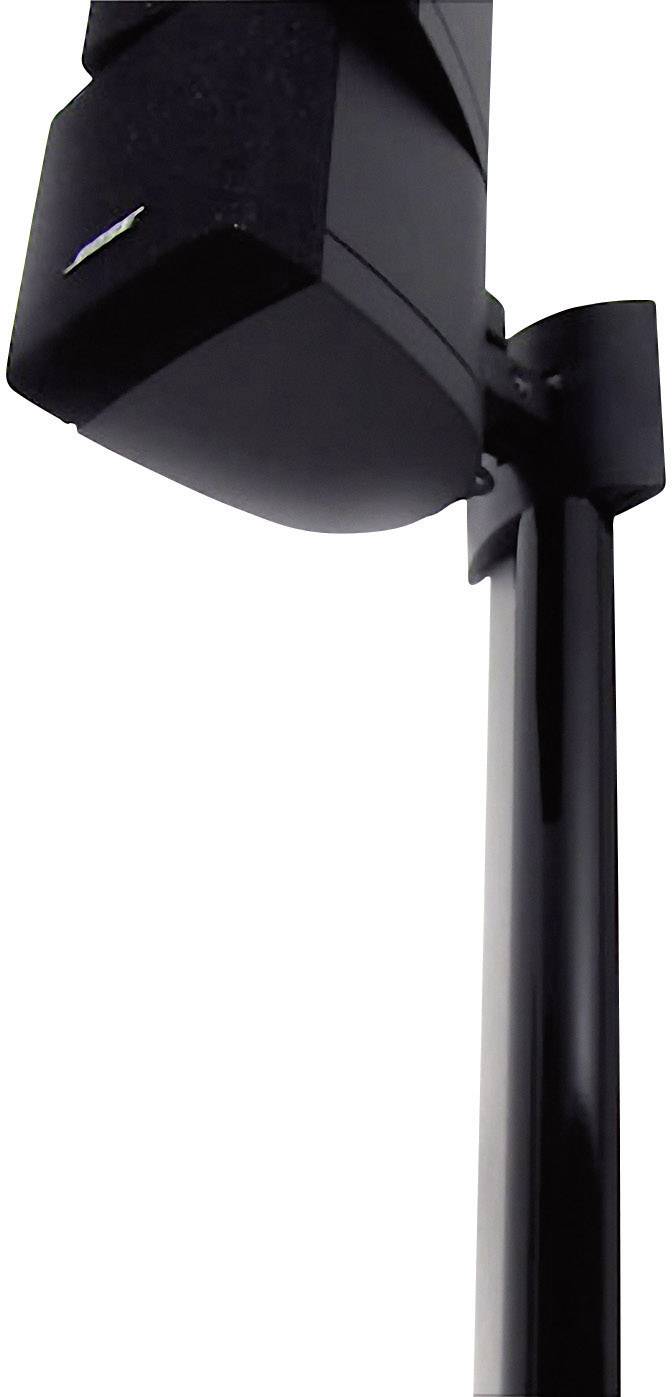 Un haut-parleur noir est monté sur un support, incliné vers le bas. Le support est également noir et brillant.