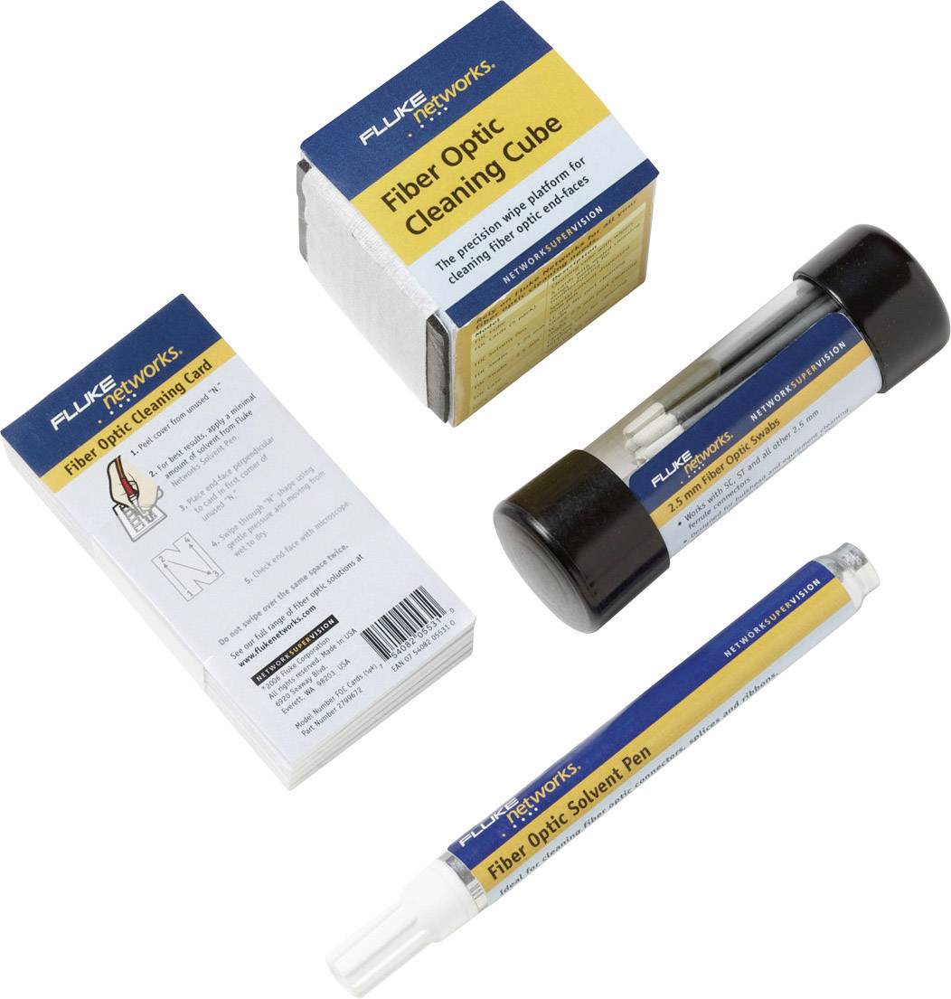 Kit de nettoyage optique comprenant un cube de nettoyage, un stylo dissolvant et un mode d'emploi. Pour nettoyer les connexions de câbles à fibre optique.