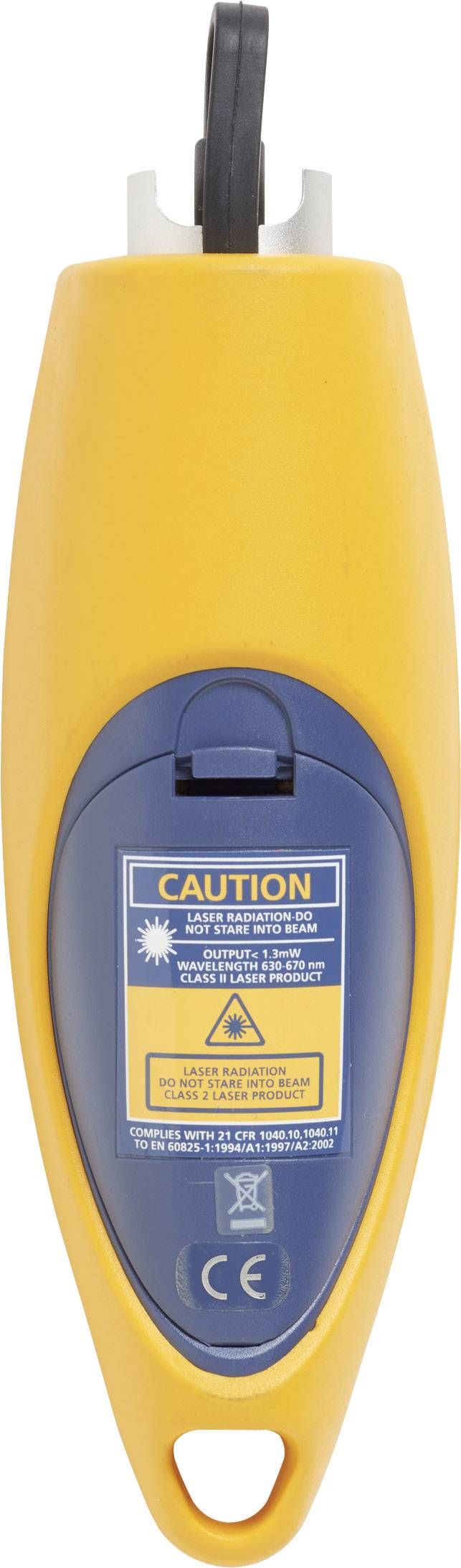 Un appareil de test électrique jaune avec une étiquette bleu foncé affichant des avertissements de sécurité et un marquage CE.