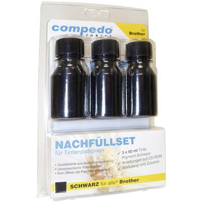 Kit de recharge pour cartouches d'imprimante Brother, 3 flacons de 50 ml d'encre noire. Comprend un mode d'emploi et des accessoires.