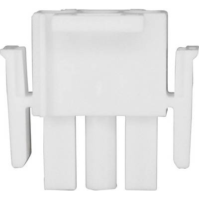 Un connecteur blanc rectangulaire en plastique avec trois broches à la base et des éléments de fixation latéraux pour des connexions électriques.