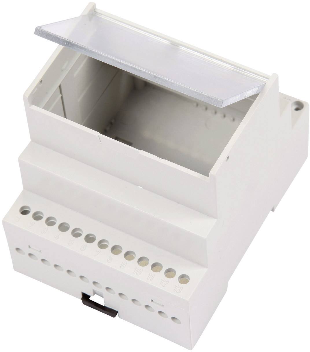 Boîtier vide en plastique blanc pour montage sur rail DIN avec couvercle amovible ; adapté aux composants électroniques.