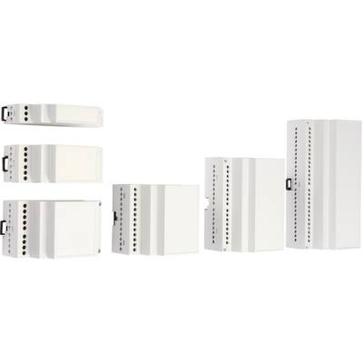 Boîtiers électriques blancs de différentes tailles et formes, disposés côte à côte sur un fond blanc.