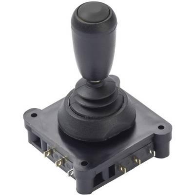 Un joystick noir avec une poignée circulaire sur un socle carré.