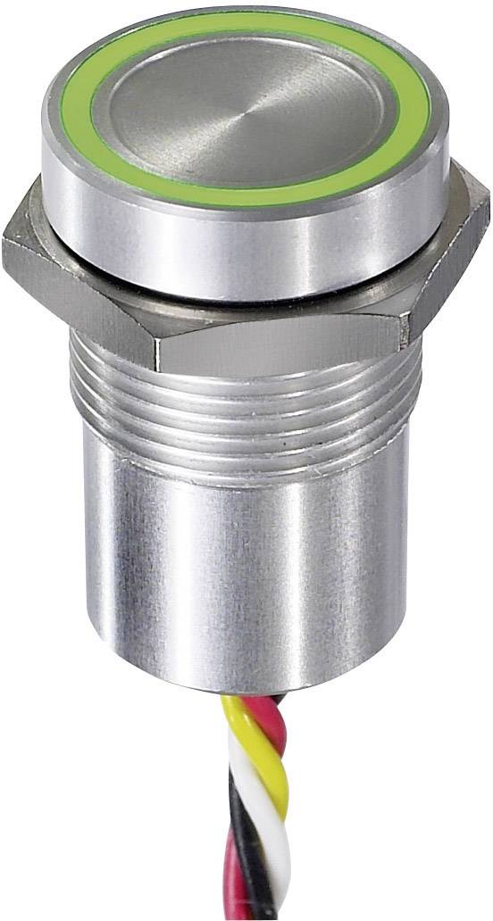 Bouton-poussoir rond en acier inoxydable avec anneau lumineux vert et câble multicolore en dessous. Adapté aux applications de commande industrielle.