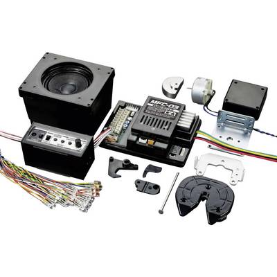 Un kit électronique avec haut-parleur, unité de microcontrôleur, câbles et connecteurs, pour le contrôle de composants robotiques.