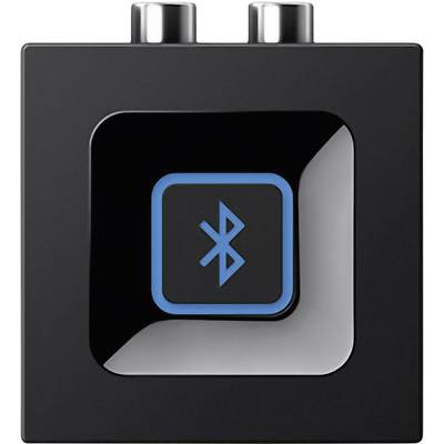 Appareil carré noir avec un symbole Bluetooth bleu illuminé au centre, deux boutons argentés en haut.