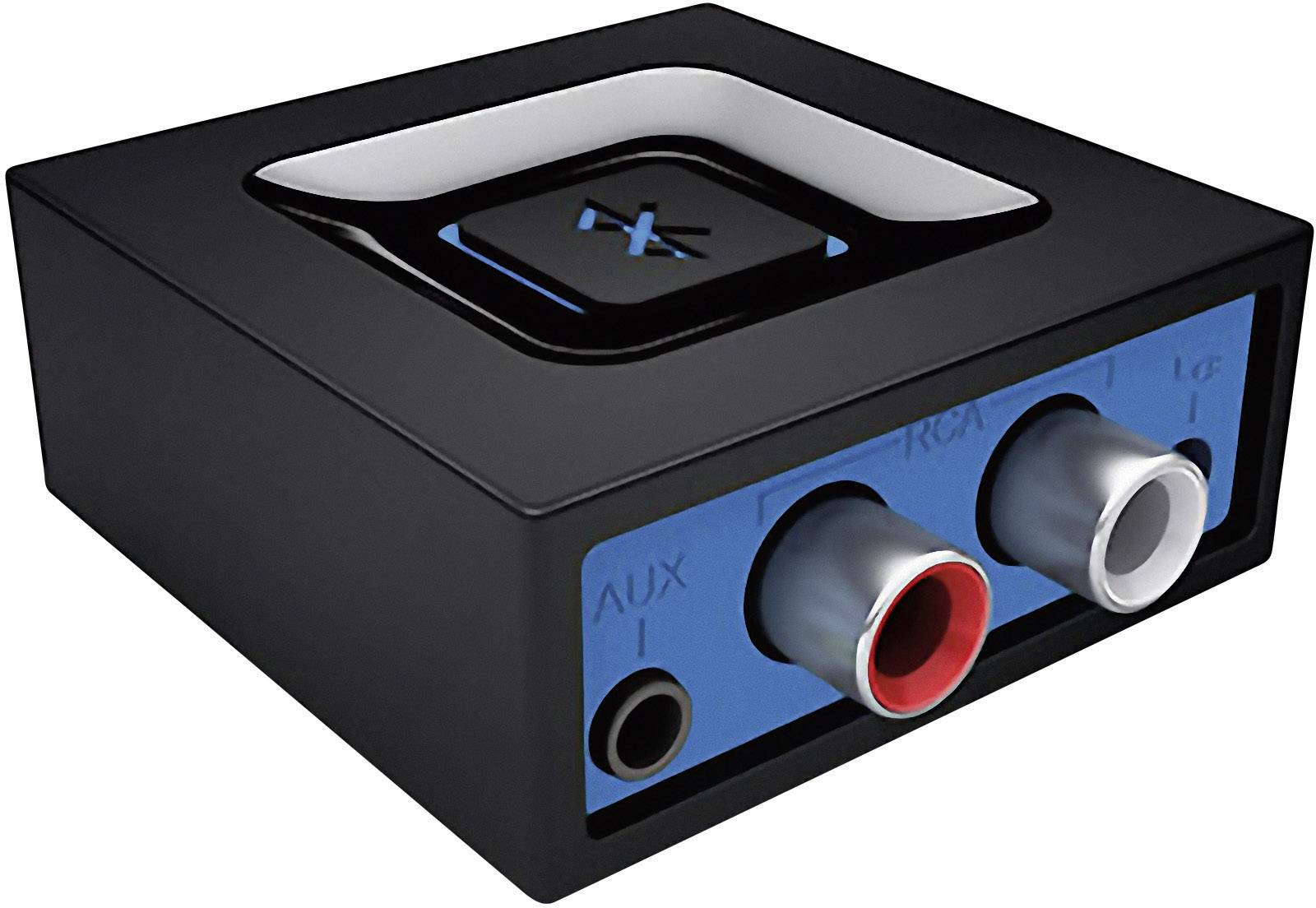 Appareil audio noir avec des connexions : Aux, cinch rouge et blanc, et un bouton noir.