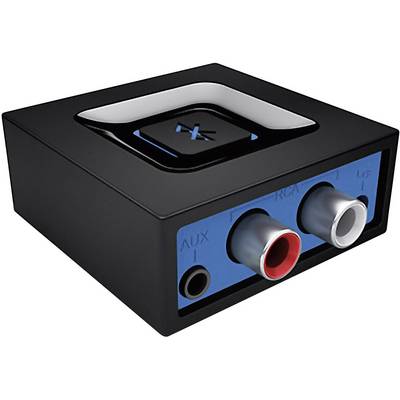 Appareil audio noir avec des connexions : Aux, cinch rouge et blanc, et un bouton noir.