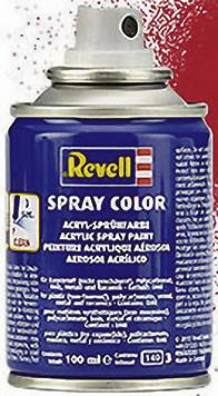 Bombe de peinture de Revell avec étiquette bleue 'Spray Color', contenant 100 ml de peinture acrylique en aérosol. Valve visible en haut.