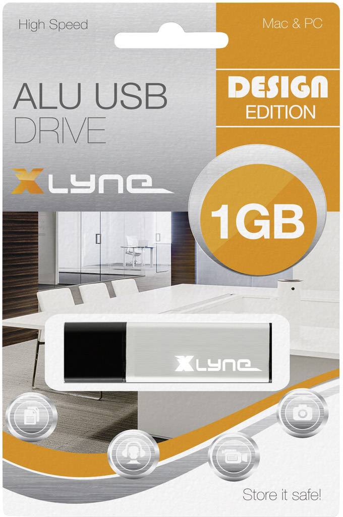 Emballage de clé USB portant l'inscription 'ALU USB Drive', 1 Go de mémoire, en édition design. Compatible Mac et PC. Espace de bureau moderne en arrière-plan.