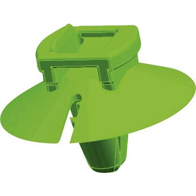 Un élément en plastique vert, de forme circulaire, avec des fentes, probablement un composant de fixation ou de protection pour des dispositifs techniques.