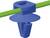 'Un goujon bleu maintient un câble vert. Le goujon présente une base circulaire et une ouverture carrée pour la fixation.'