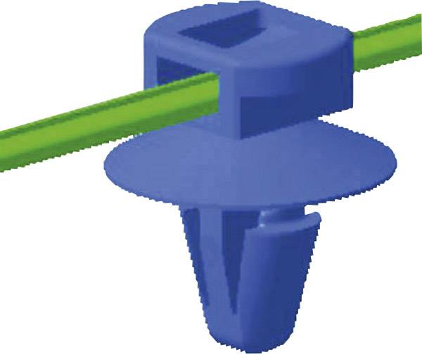 Clip en plastique bleu avec une base ronde et une ouverture en haut, par laquelle passe un fil vert. Utilisé pour la fixation.