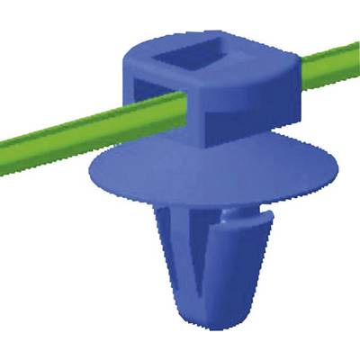 Clip en plastique bleu avec une base ronde et une ouverture en haut, par laquelle passe un fil vert. Utilisé pour la fixation.