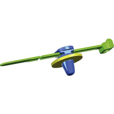 Un jouet en plastique bleu et vert en forme d'hélice avec un anneau jaune, symbolisant le vol et le mouvement.