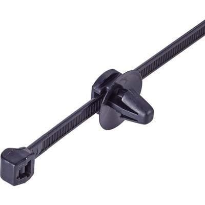 Un serre-câble noir avec clip de fixation et dispositif de maintien plat, adapté pour fixer et organiser les câbles.